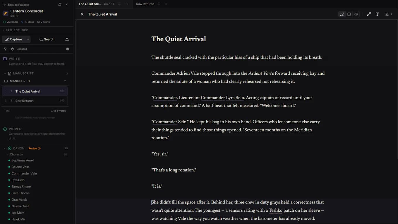 LarkFolio editor showing a fiction draft open with the project sidebar, canon entries, and manuscript tree.