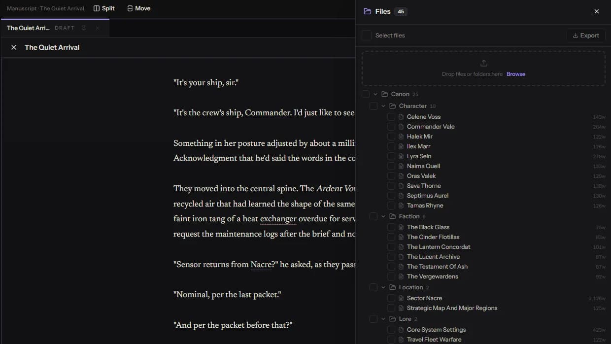 Files panel open in LarkFolio showing drag-and-drop import with Canon, Drafts, and Ideation categories.