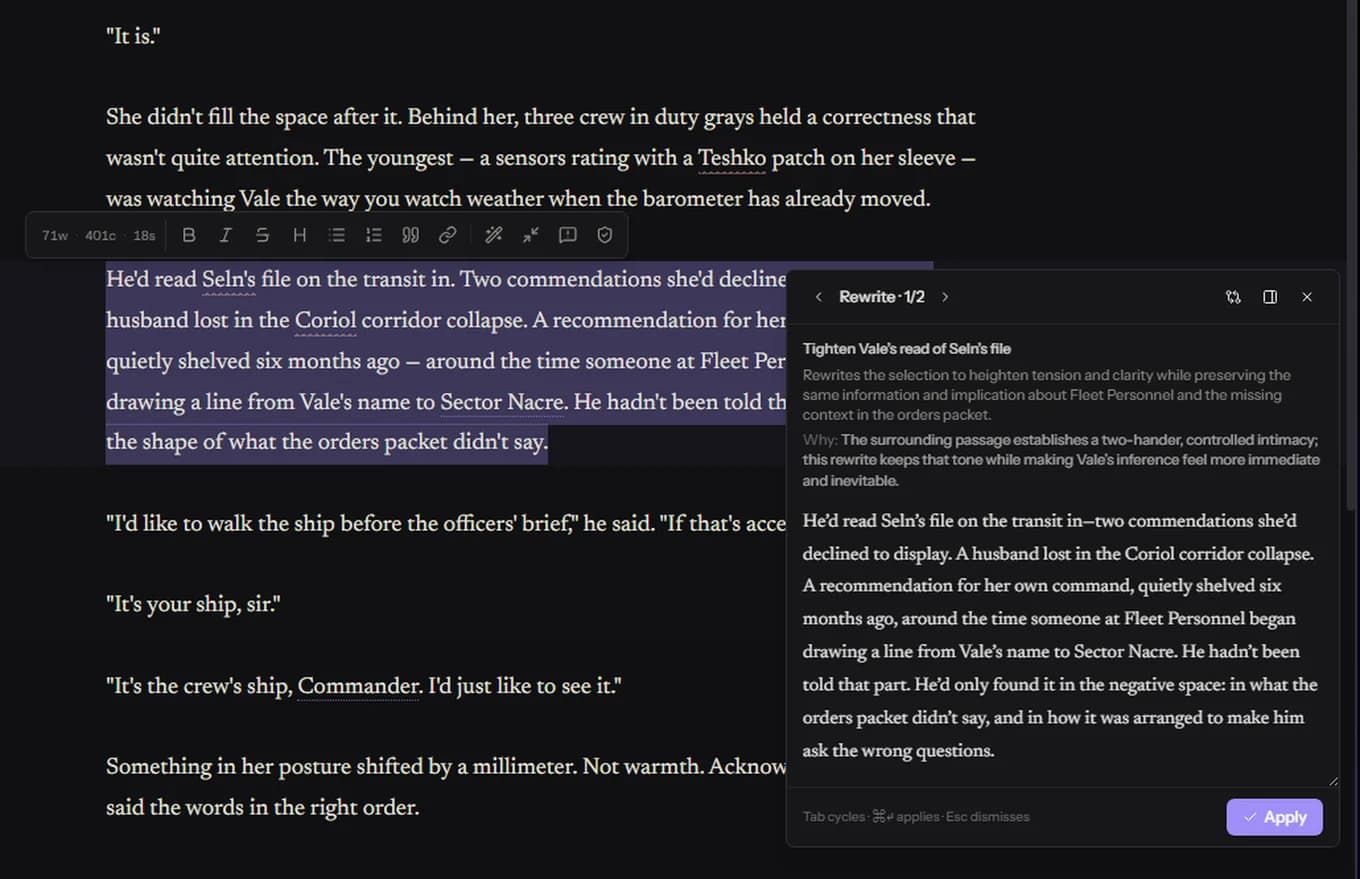 A selected paragraph in the draft with the inline AI action bar offering Rewrite, Tighten, and Clarify actions.