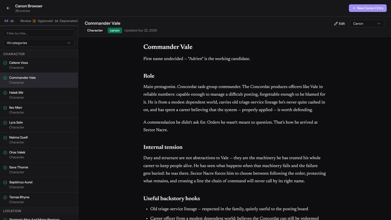 Canon Browser showing a character entry for Commander Vale alongside the project’s character, location, and lore canon list.